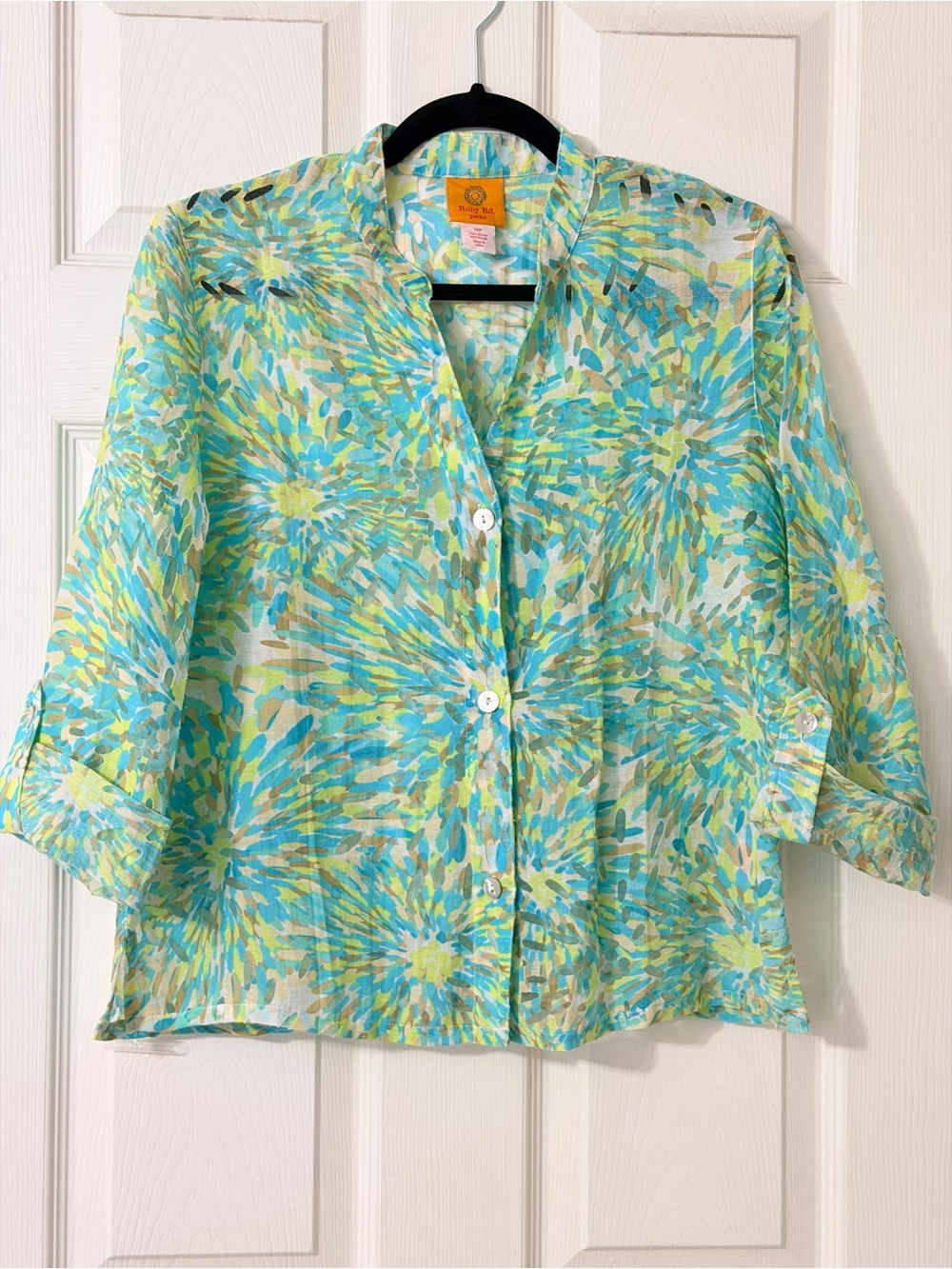 Ruby Rd. Aqua Lime Floral-Print Button-Down Top